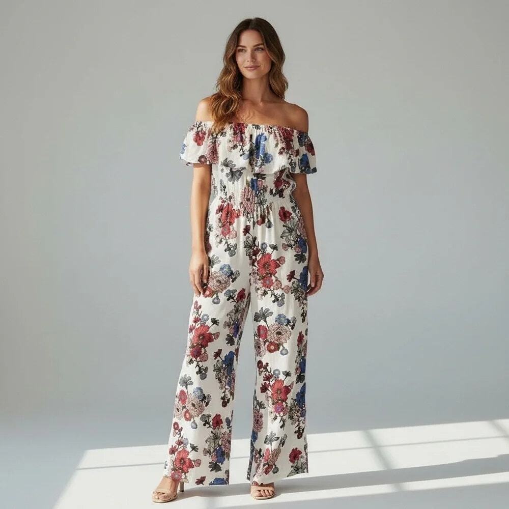 Promesa Multicolor Floral Off-Shoulder Jumpsuit SMALL Cottage  Feminine Boho NWT
